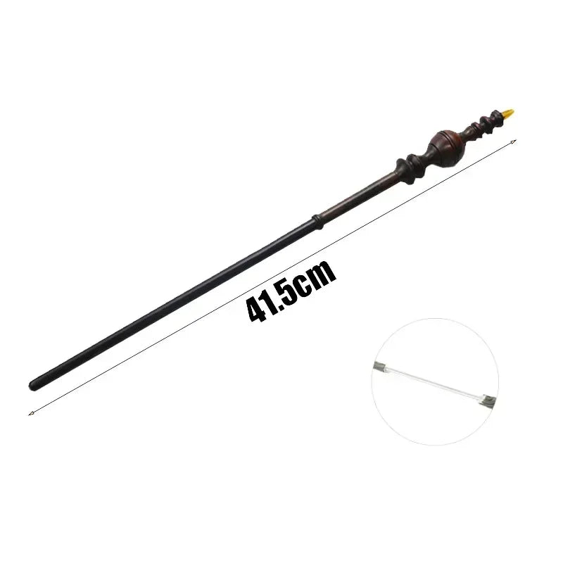 A long, dark brown metal magic wand with a decorative tip, shown diagonally against a white background.
