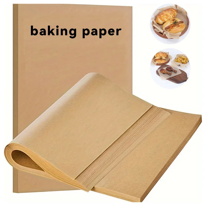 A stack of baking paper sheets is shown next to a box, with examples of baked goods on the paper.