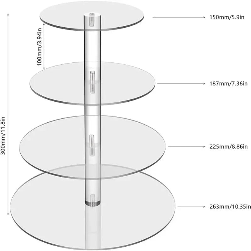 A clear acrylic three-tier cupcake stand with varying diameters for display.