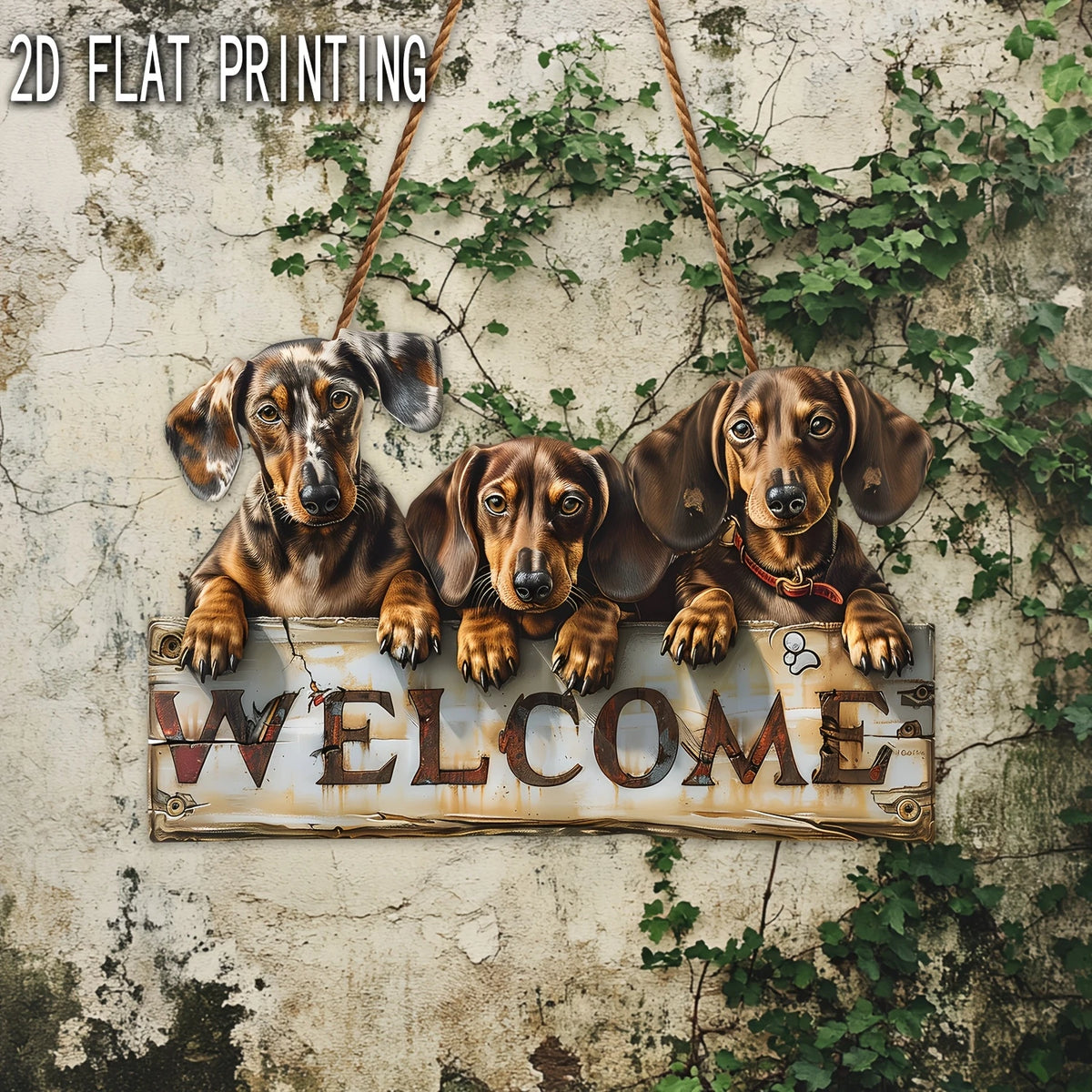 Une enseigne en bois avec le mot BIENVENUE est accrochée sur un mur texturé, avec deux chiens bruns.