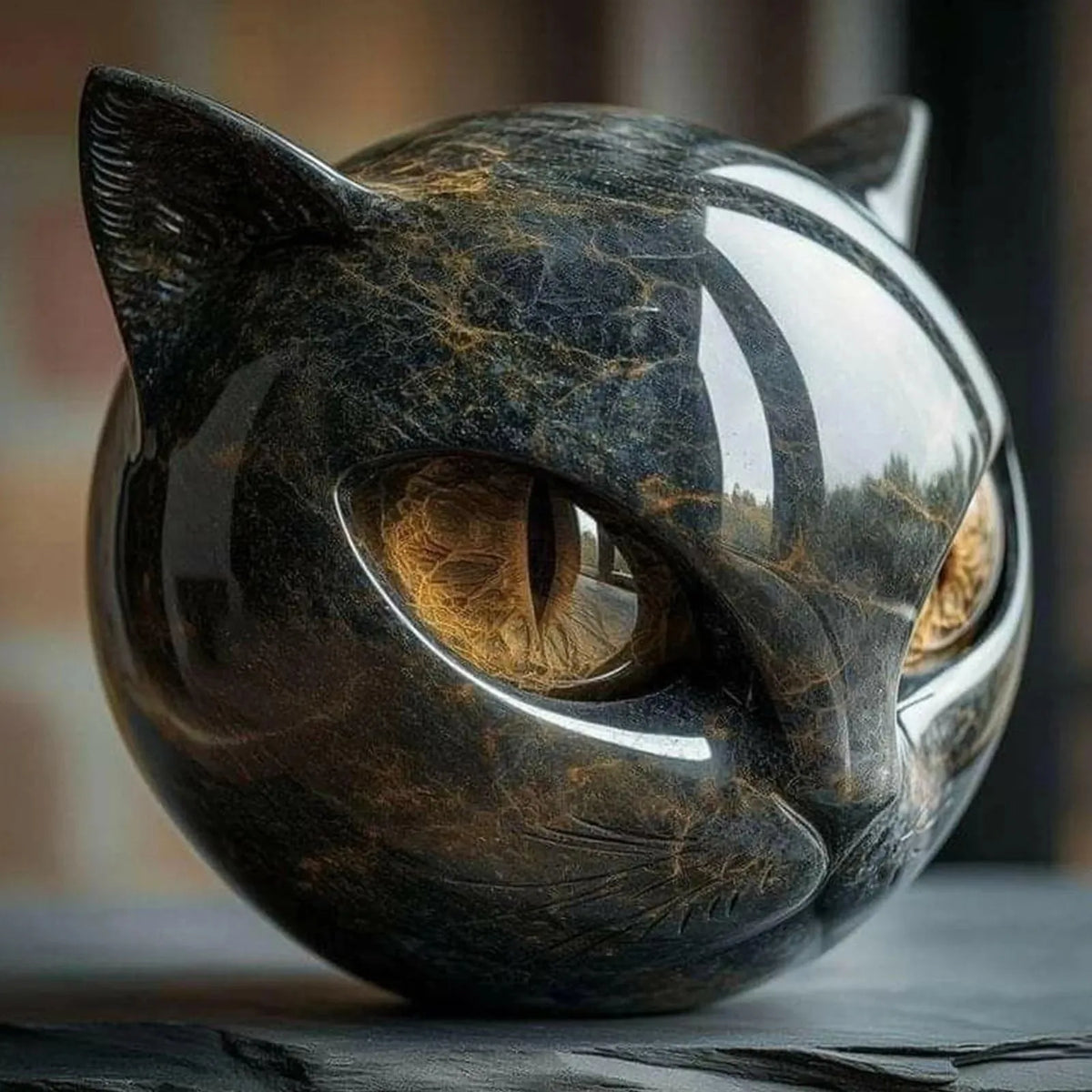Black Cat Resin Figurine with Marble Texture