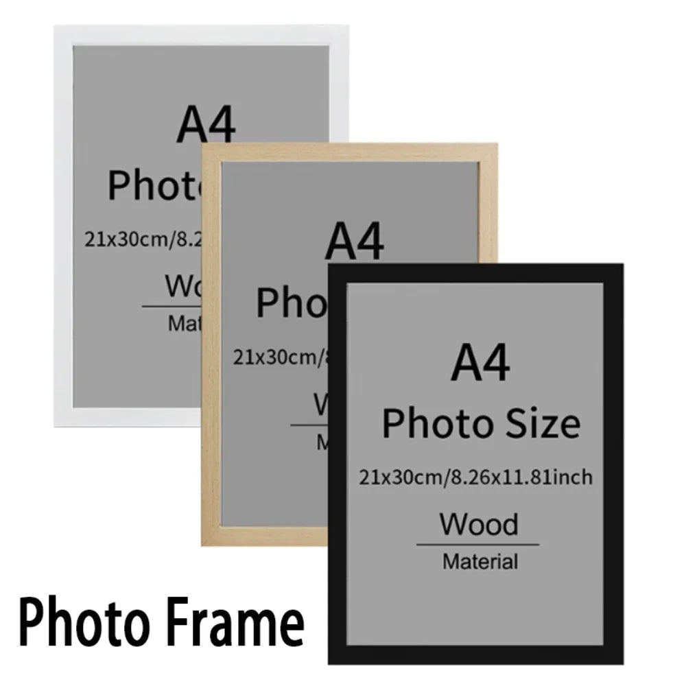 Three photo frames of different sizes, including an A4 size frame with a wooden border and a black frame.