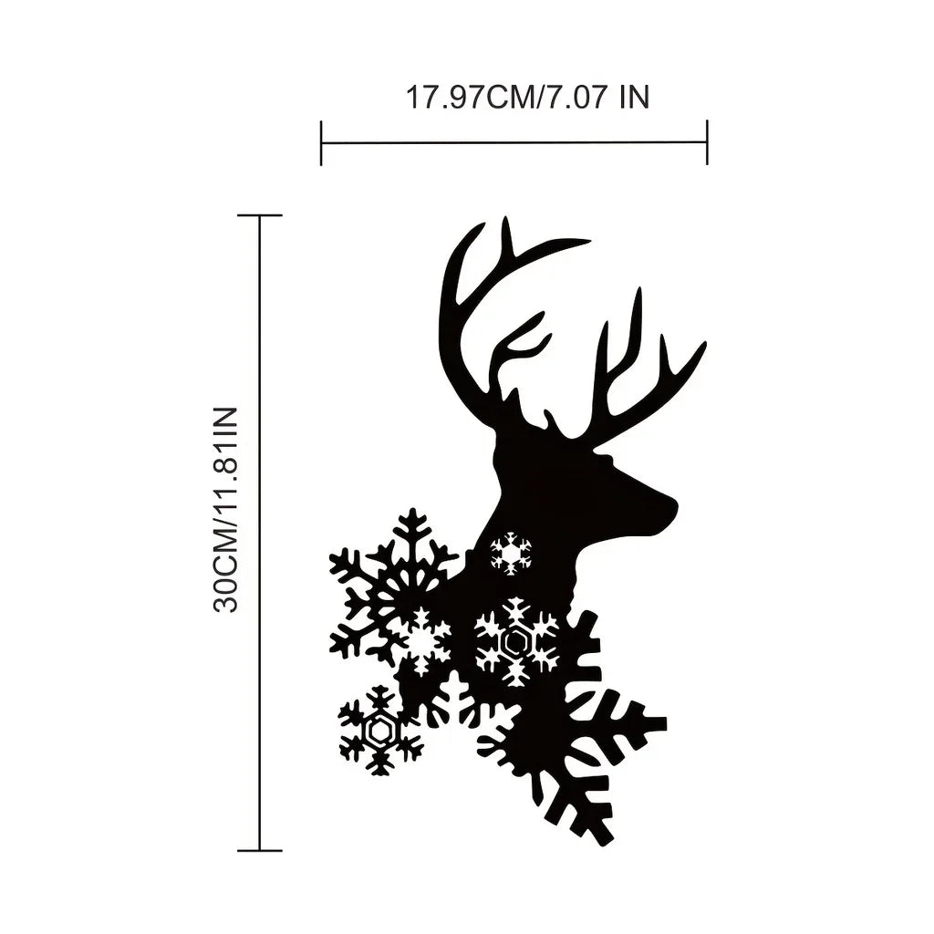 Black metal deer head wall sculpture with antlers and snowflakes