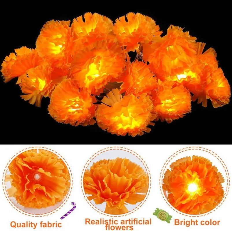 Bright orange artificial flowers used for festive decor