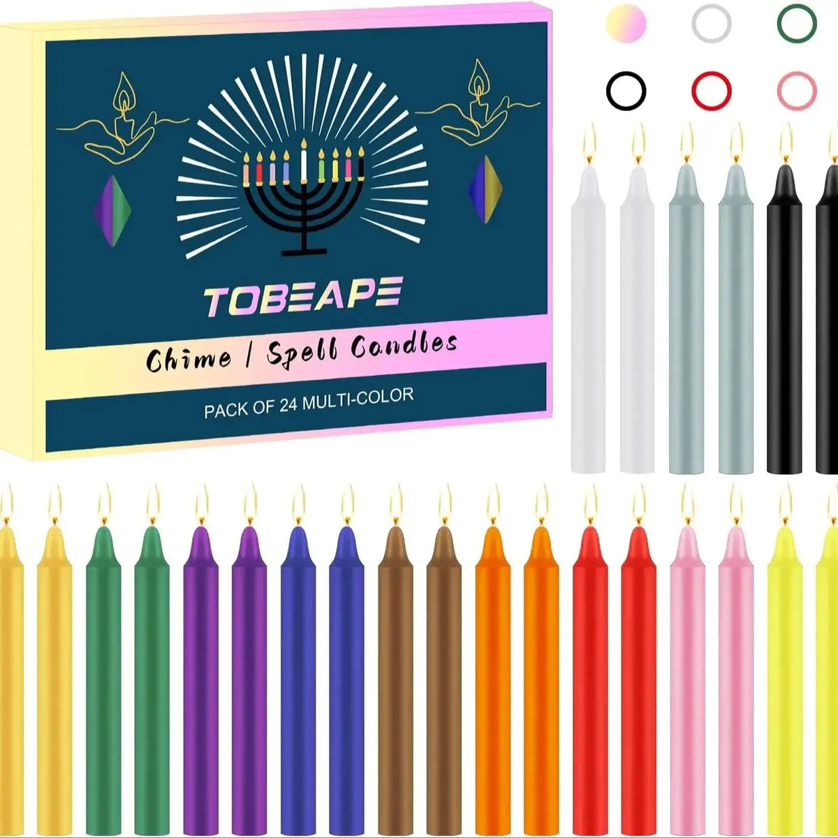 Collection de vingt-quatre bougies cloche et sortilège multicolores sur fond bleu foncé.