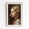 A portrait painting of a woman with long hair and a nose piercing, framed in gold.