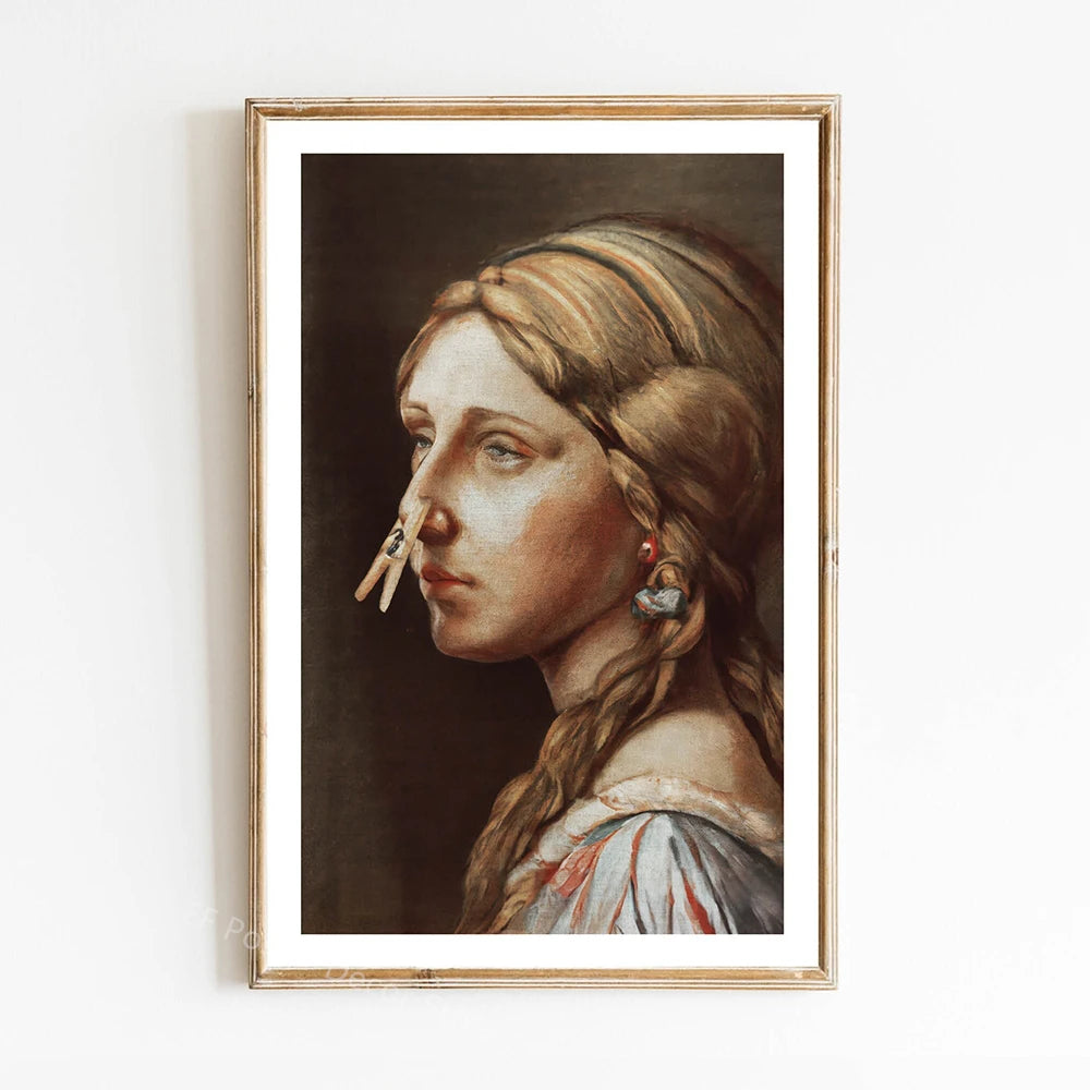 A portrait painting of a woman with long hair and a nose piercing, framed in gold.