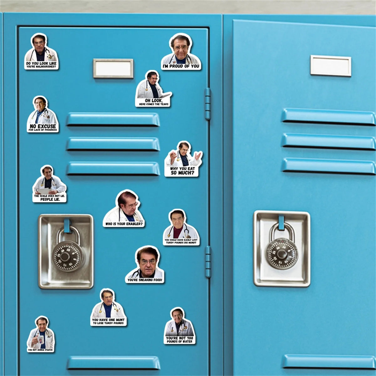 A collection of funny doctor's guidelines fridge magnets featuring humorous medical advice and doctor characters.