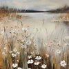 A painting of a river landscape featuring tall grasses and white daisies under a cloudy sky.