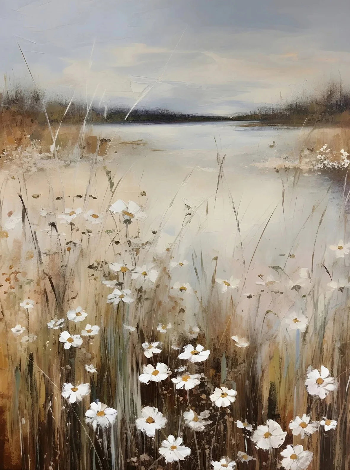 A painting of a river landscape featuring tall grasses and white daisies under a cloudy sky.
