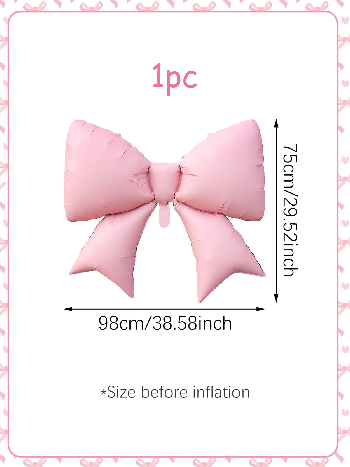 A single pink balloon shaped like a bow is shown, measuring 75cm long and 98cm wide before inflation.