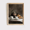 A dark oil painting featuring a vintage teapot and croissants on a wooden surface.