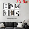 A set of 2D flat black and white abstract canvas prints featuring a leopard head, lips, and the word Stockholm.
