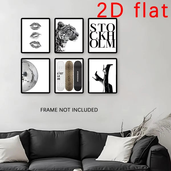 A set of 2D flat black and white abstract canvas prints featuring a leopard head, lips, and the word Stockholm.