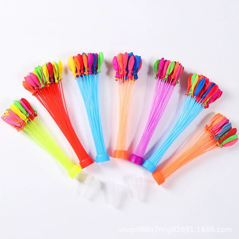 A collection of colorful self-tying water balloons for kids arranged in a circle.