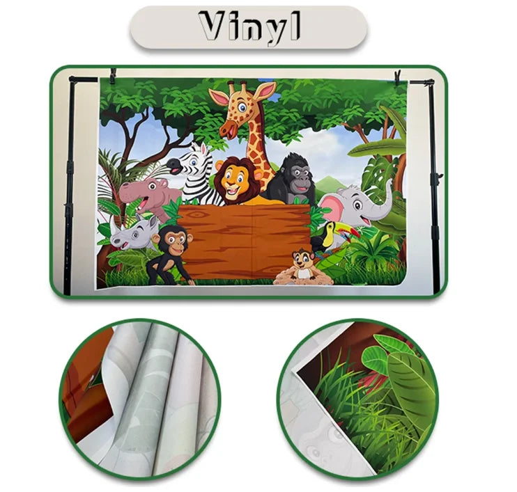 A green vinyl porch banner featuring jungle animals and a wooden sign with Mexican motifs.