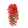 A vibrant cluster of artificial red morning glory flowers hanging for outdoor decoration.