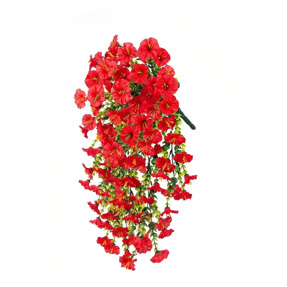 A vibrant cluster of artificial red morning glory flowers hanging for outdoor decoration.