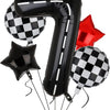 Black foil balloon set shaped like the number 7 and a red star with a black and white checkered balloon