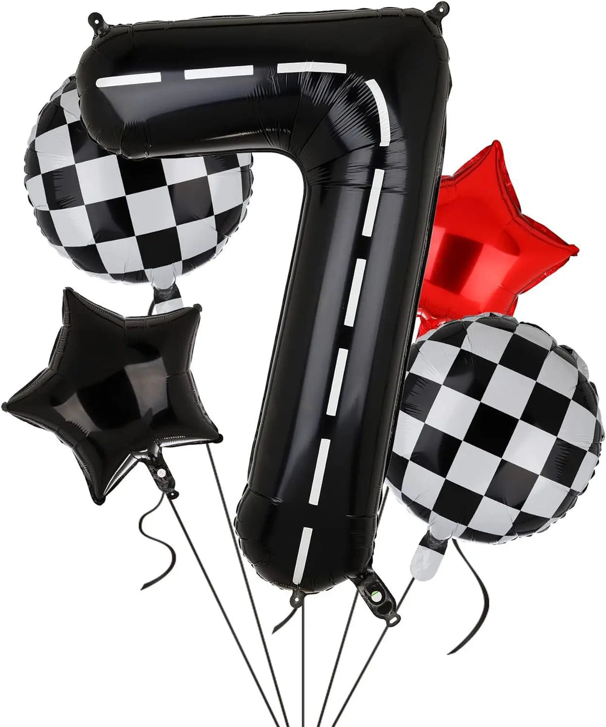Black foil balloon set shaped like the number 7 and a red star with a black and white checkered balloon