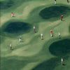 Vintage green minimalist golfers canvas wall art showing several figures in golf attire scattered across a green landscape.
