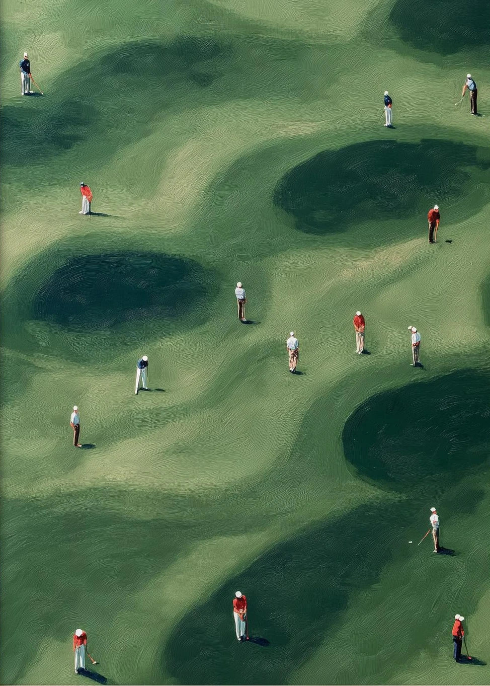 Vintage green minimalist golfers canvas wall art showing several figures in golf attire scattered across a green landscape.