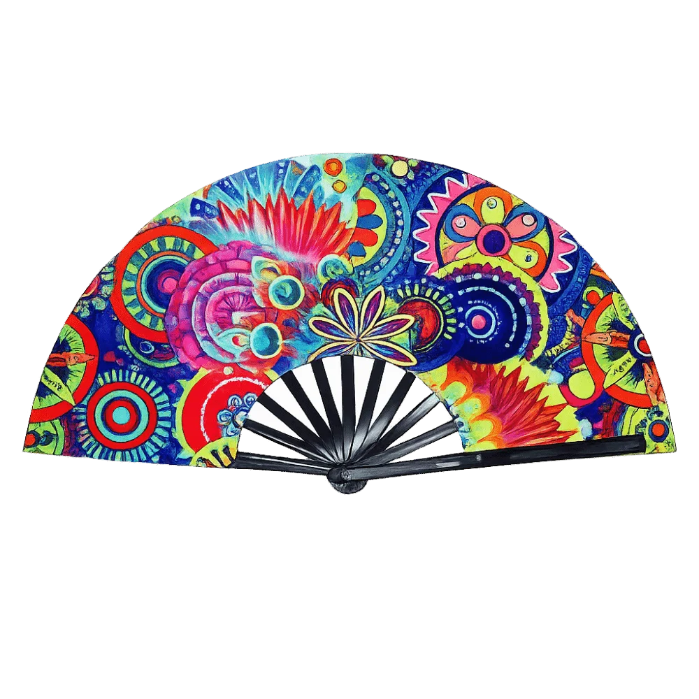A folding rave hand fan decorated with vibrant fluorescent UV glow patterns and colorful abstract designs.
