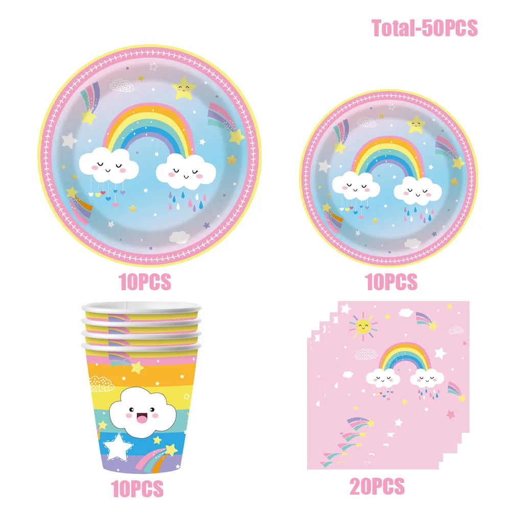 A set of disposable paper plates, cups, and napkins featuring a rainbow cloud design for parties.