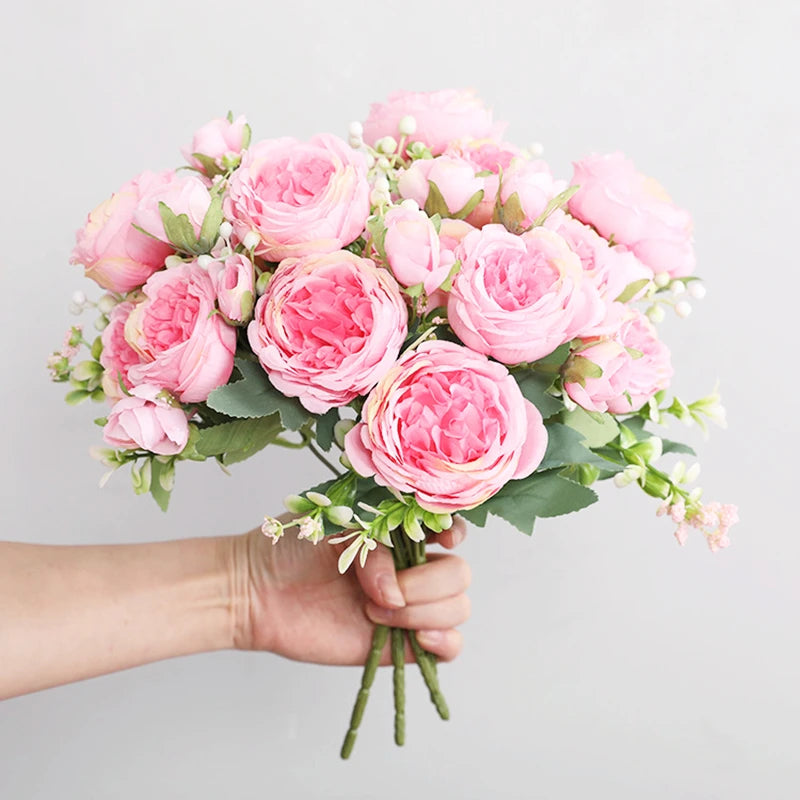 Silk Peony Artificial Flower Bouquet – 5 Blooms & 4 Buds in Rose Pink