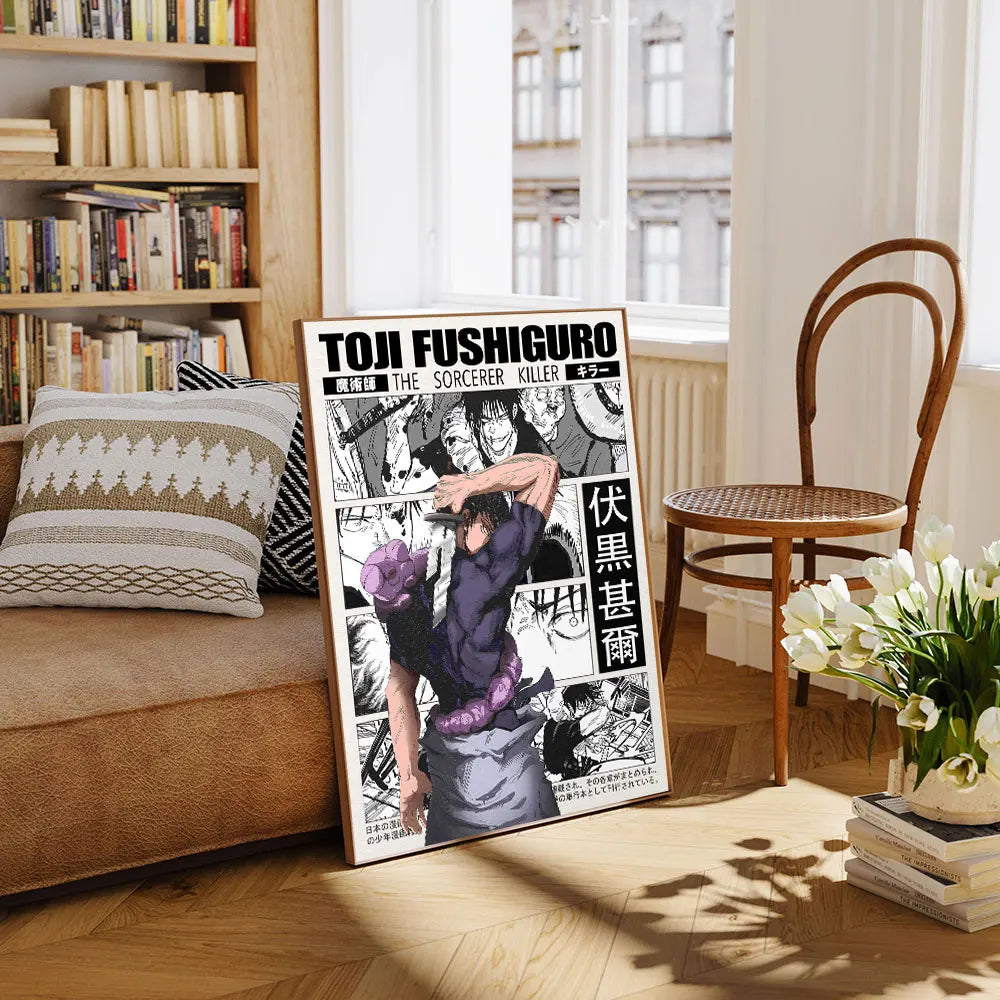 Canvas wall art featuring Toji Fushiguro from Jujutsu Kaisen in a dramatic black and white style