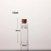 A clear glass bottle with a cork stopper is shown next to a measurement scale, indicating a 12ml volume and dimensions.