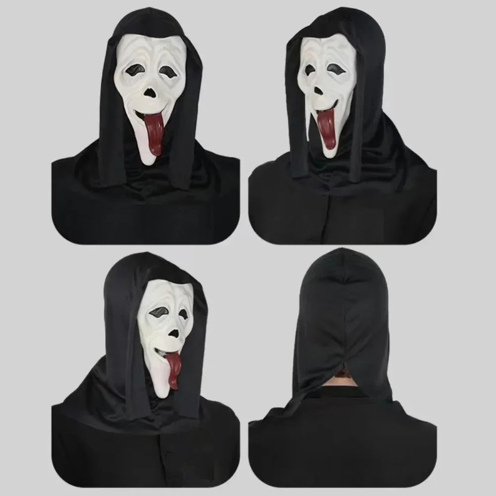 A set of black horror masks featuring a white face with a tongue sticking out, displayed in four views.
