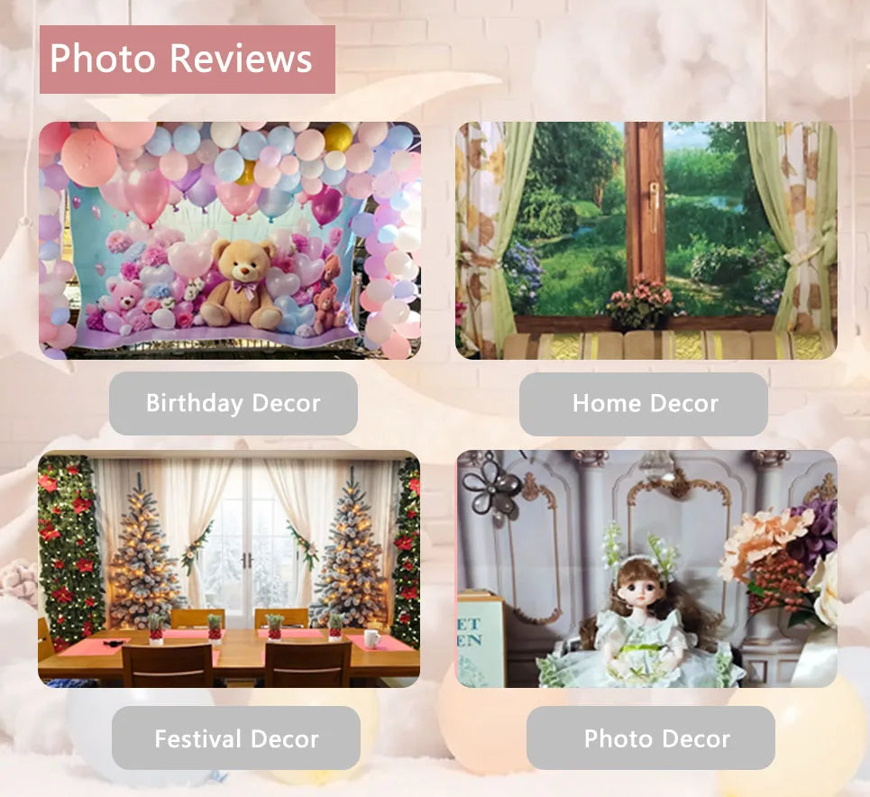 A collage of photo and decor ideas including birthday, home, festival, and photo backdrops.
