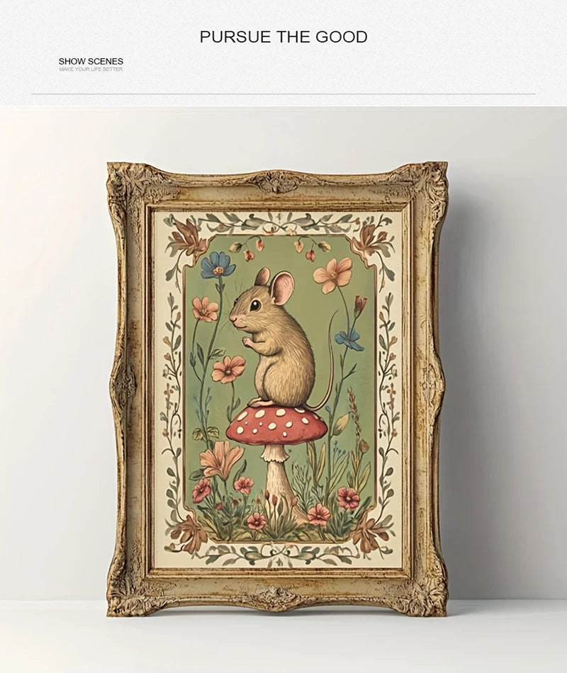 Vintage framed canvas print depicting a woodland mouse sitting on a red mushroom in a floral frame.