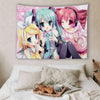 A wall tapestry featuring Vocaloid anime characters including Hatsune Miku and friends in various colors.