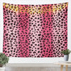 Pink leopard print tapestry wall hanging with warm string lights.