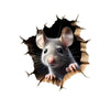 A gray mouse with large ears is emerging from a jagged hole in a brown surface.