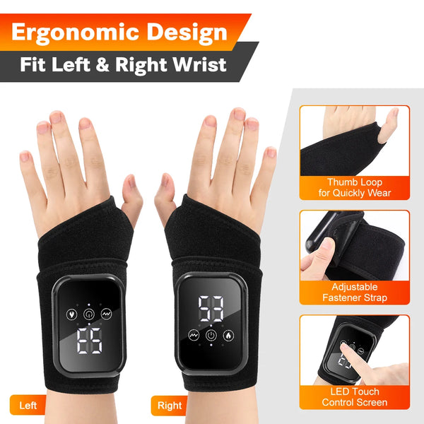 Black ergonomic wrist massager for left and right wrists with LED touch control screen