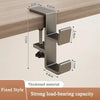 A silver metal desk hook with a fixed style design shown mounted on a wooden surface.