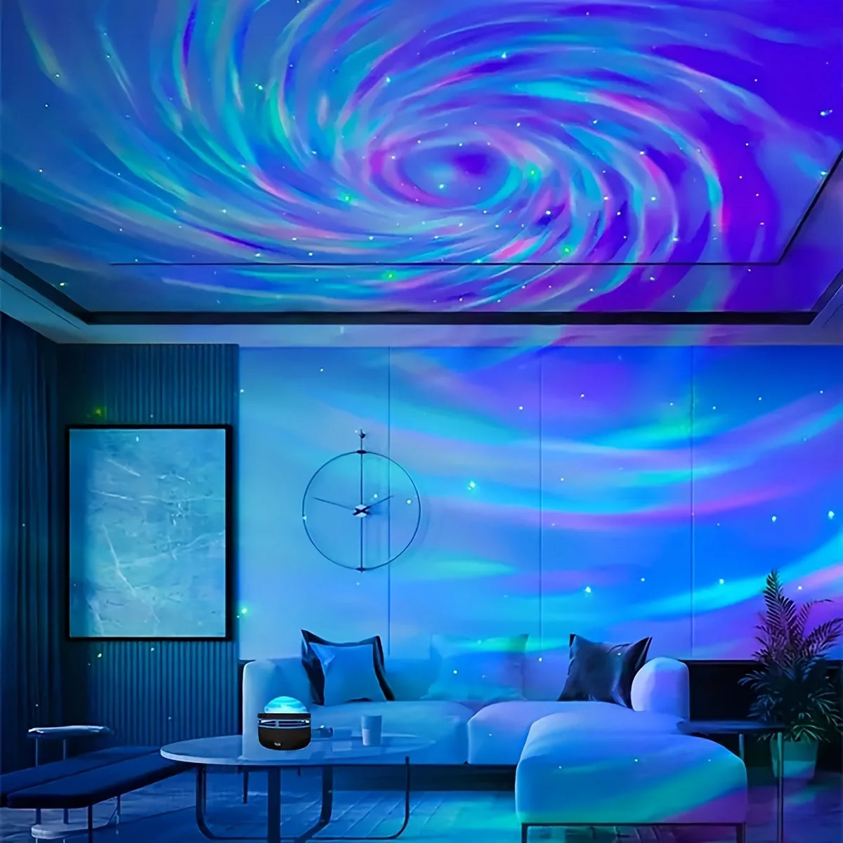 A room illuminated by a vibrant purple and blue galaxy projection on the ceiling, featuring modern furniture.