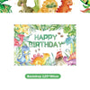 A colorful backdrop featuring dinosaurs and greenery for a happy birthday party theme.