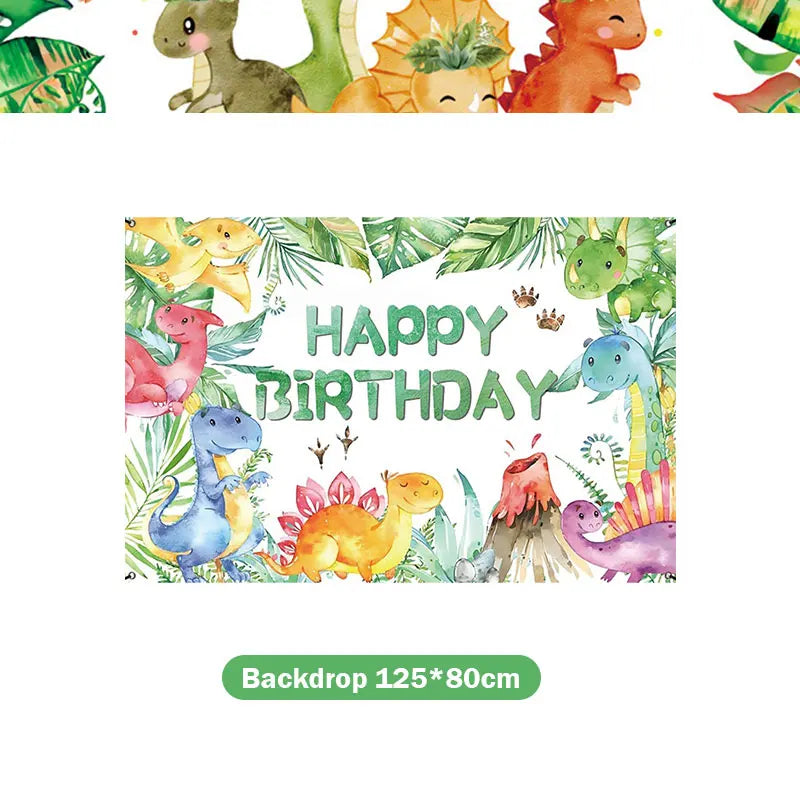 A colorful backdrop featuring dinosaurs and greenery for a happy birthday party theme.