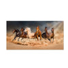 A group of horses galloping across a sandy field, kicking up dust in a dynamic motion.