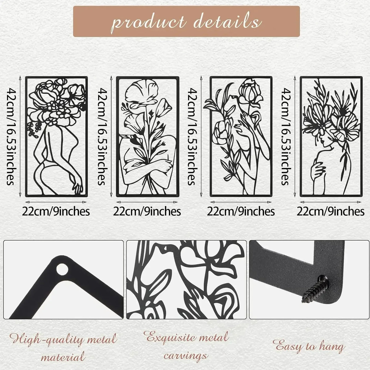 Set of four black metal wall decor pieces featuring abstract female line art designs for modern home decor