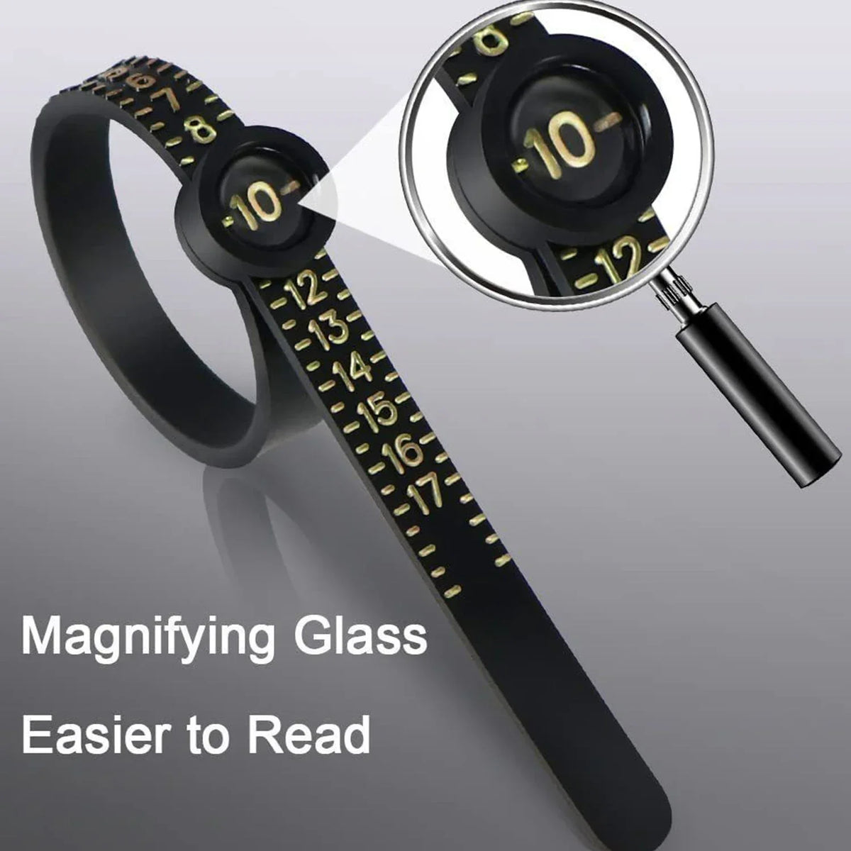 Adjustable ring sizer featuring a magnifying glass for easier reading of sizes