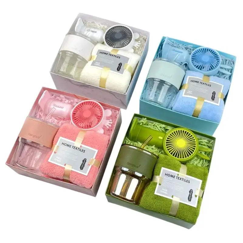 A gift set containing a tumbler, towel, and UPF sun protection in various colors and packaging.
