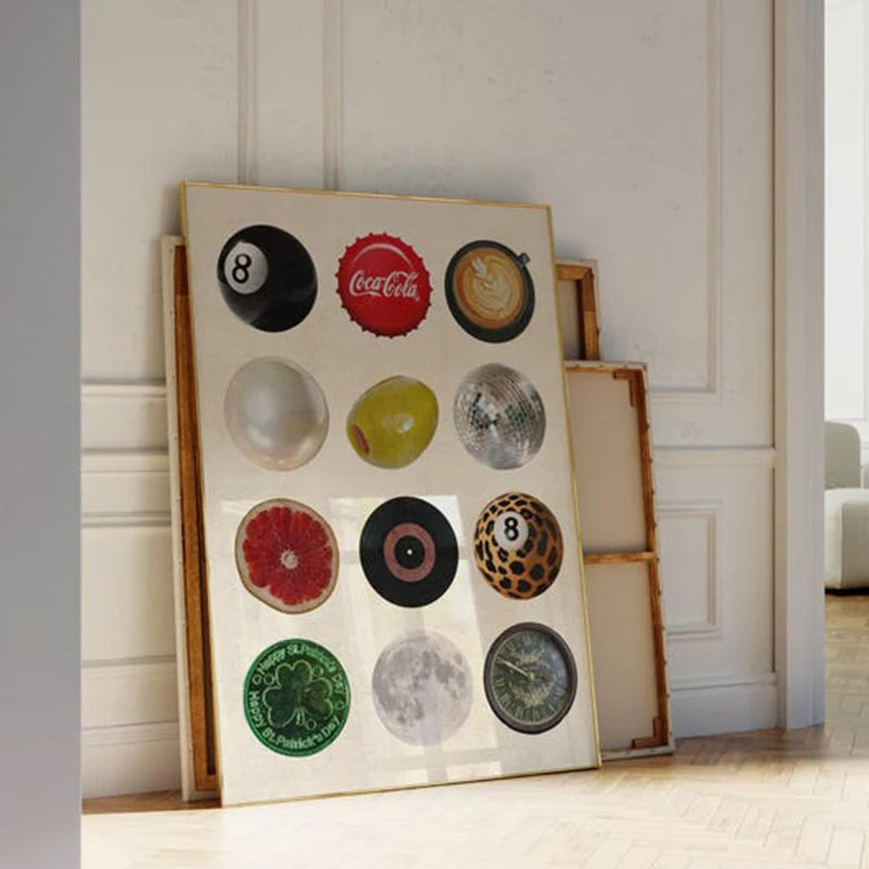 Vintage 8 ball collage canvas wall art poster featuring various Coca-Cola and spherical glass balls.