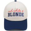 Casquette de baseball beige clair avec broderie bleu marine indiquant rouge blanc et BLONDE