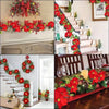 A display of red poinsettia garland lights decorating a staircase and interior space.