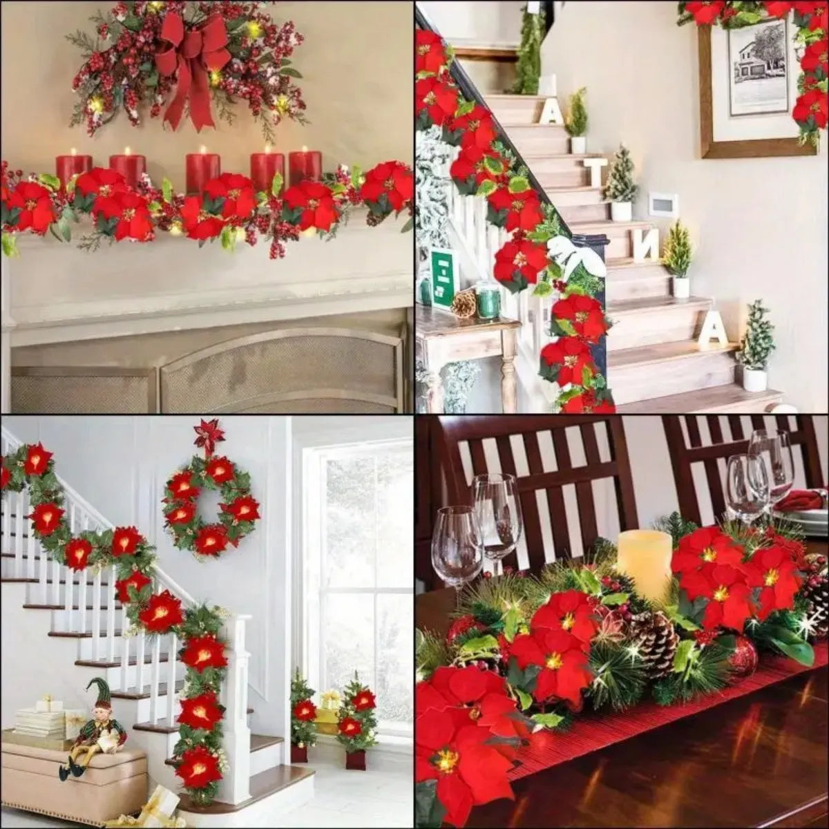 A display of red poinsettia garland lights decorating a staircase and interior space.